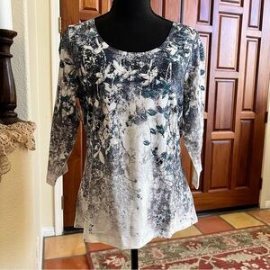 Coldwater Creek Scoop Neck Long Sleeve Floral Print Top - Gray Teal